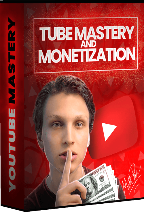 A digital box cover featuring the title "Tube Mastery and Monetization" against a red background with a YouTube play button icon. The image includes a young man with a shushing gesture holding a stack of money.